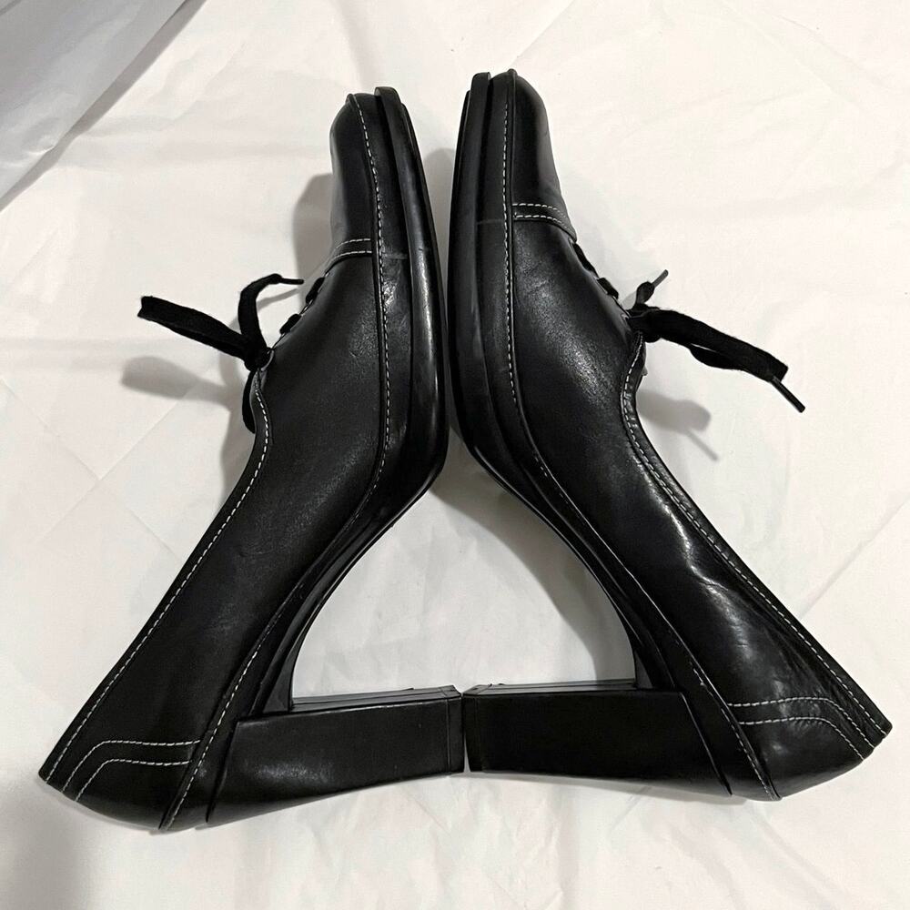 Vintage 90s Lace Up Oxford Size 8.5 Black Leather Square Toe Heels VS Macbeth - Picture 14 of 15